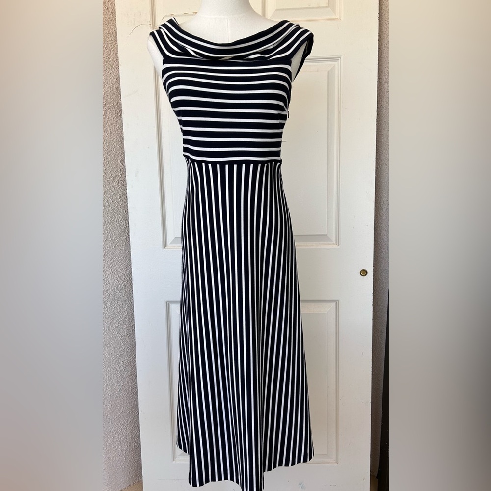 Banana Republic Cowl Neck Fit & Flare Dress Black & White Stripe Size 6